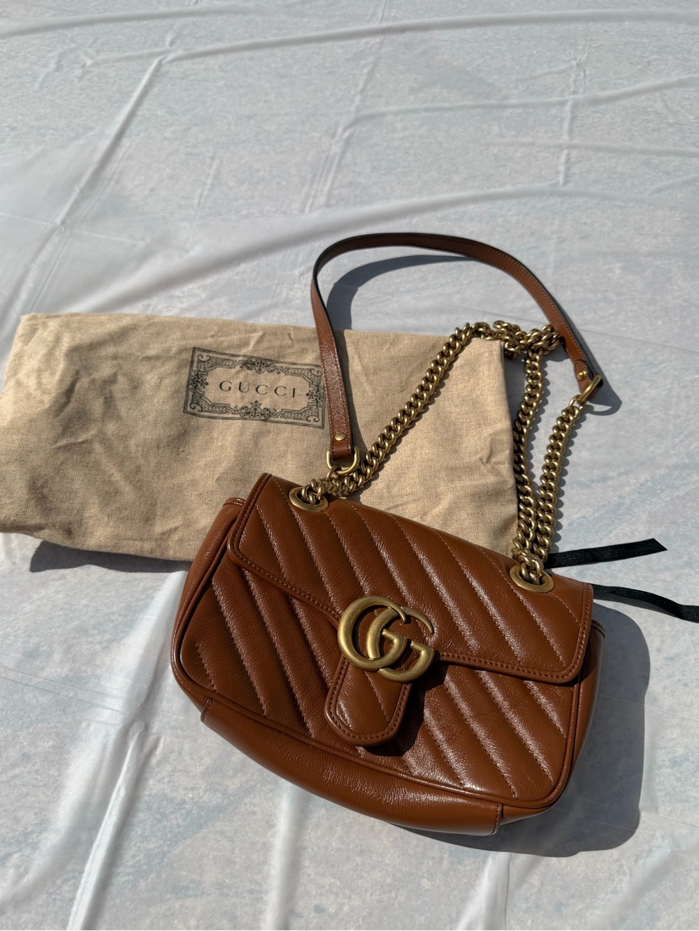 Authentic Gucci GG Marmont Small Mini Cognac Brown Leather Chain Crossbody Bag